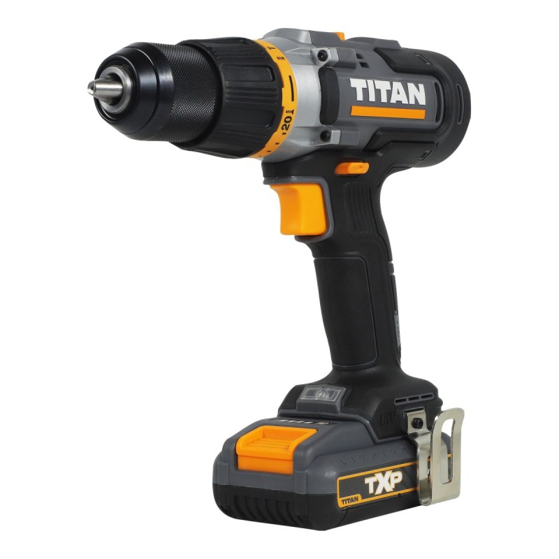 Taladro percutor 1x2Ah con 74 accesorios Titan