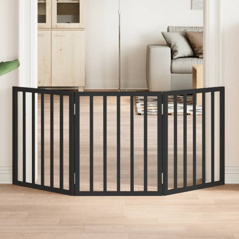 vidaXL Puerta para perros plegable 3 paneles madera álamo negra 150 cm