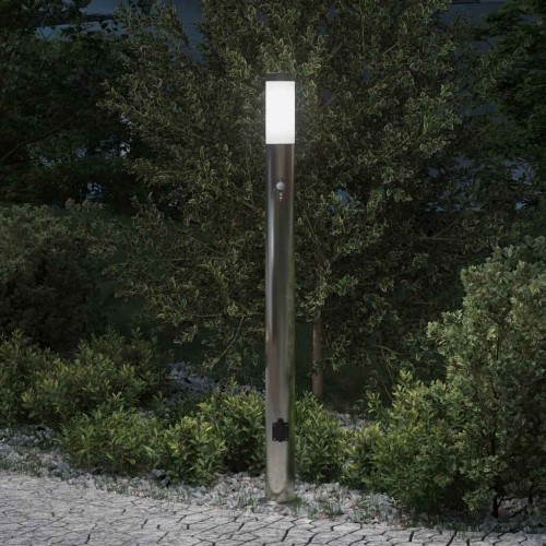 vidaXL Baliza luminosa con sensor y toma de corriente, 110 cm, acero inoxidable, IP44