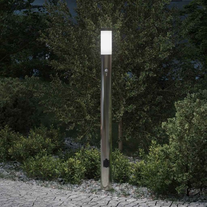 vidaXL Baliza luminosa con sensor y toma de corriente, 110 cm, acero inoxidable, IP44