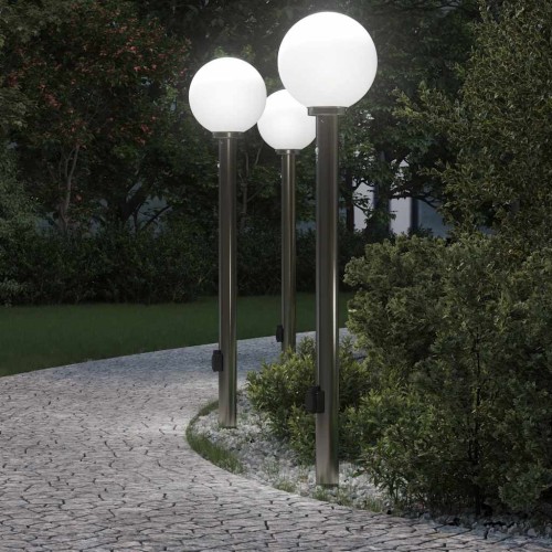 vidaXL Balizas de luz con sensor y tomacorriente, 3 unidades, 120 cm, acero inoxidable, IP44