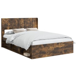 vidaXL Estructura de cama con almacenamiento y cabecero Roble Ahumado